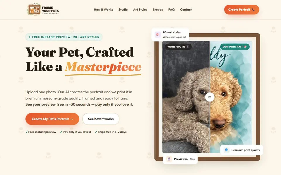Frame Your Pets website by SquidInk USA